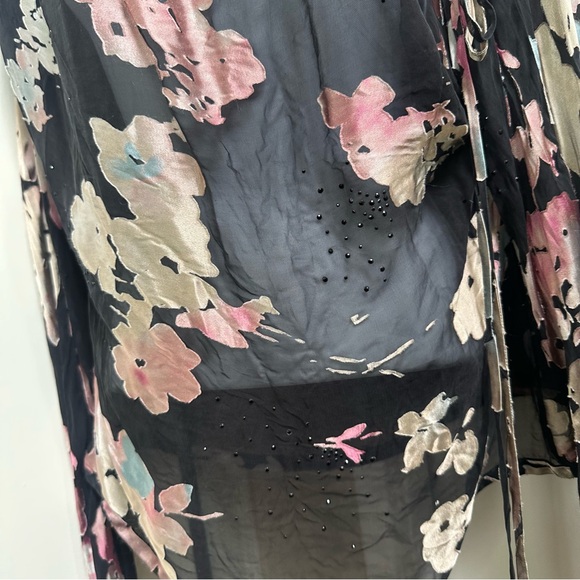 St. John Black and Pink Floral Silk Long Sleeve Blouse - Picture 7 of 12